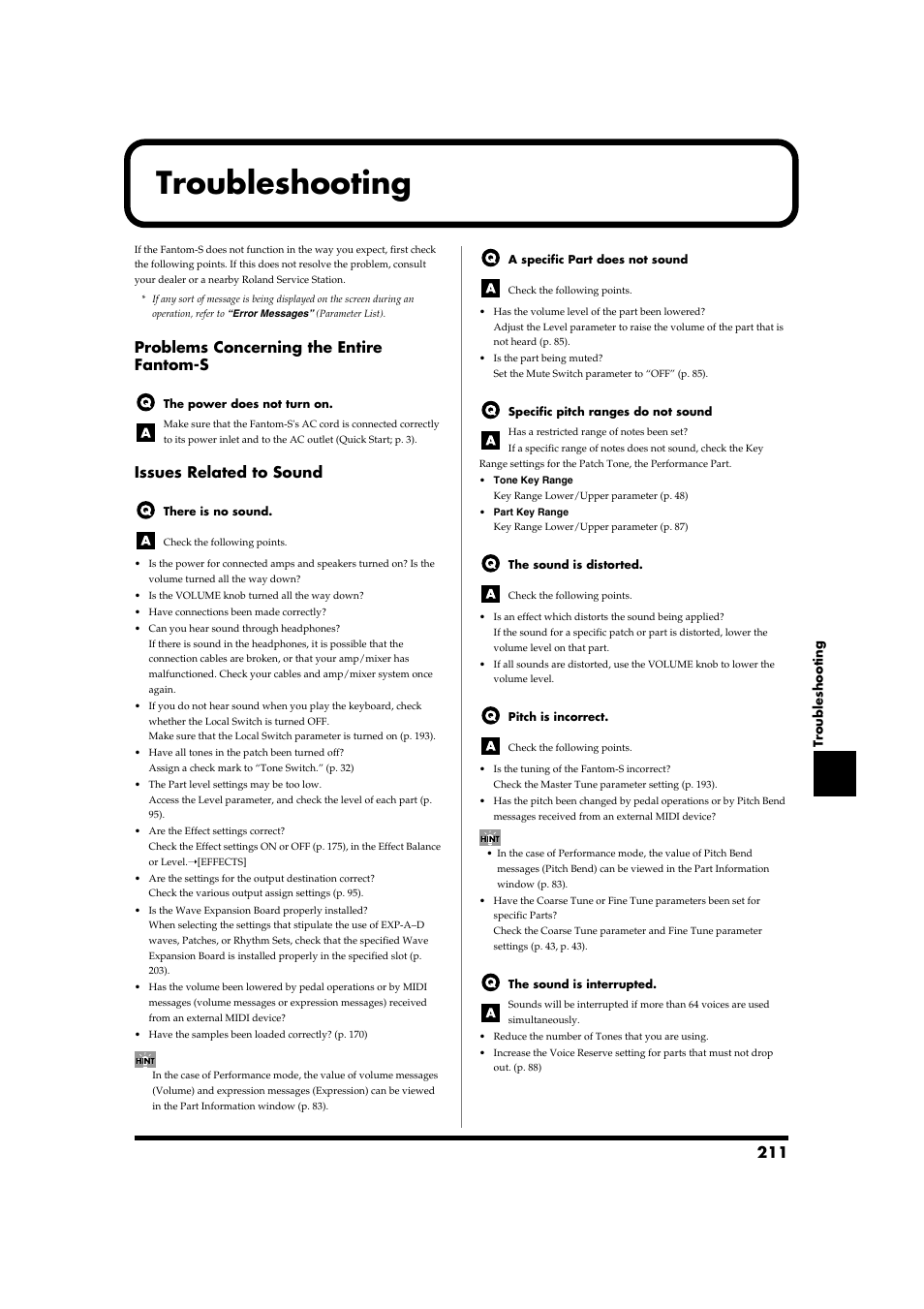 Troubleshooting, Problems concerning the entire fantom-s, Issues related to sound | Roland Fantom-S88 User Manual | Page 211 / 228