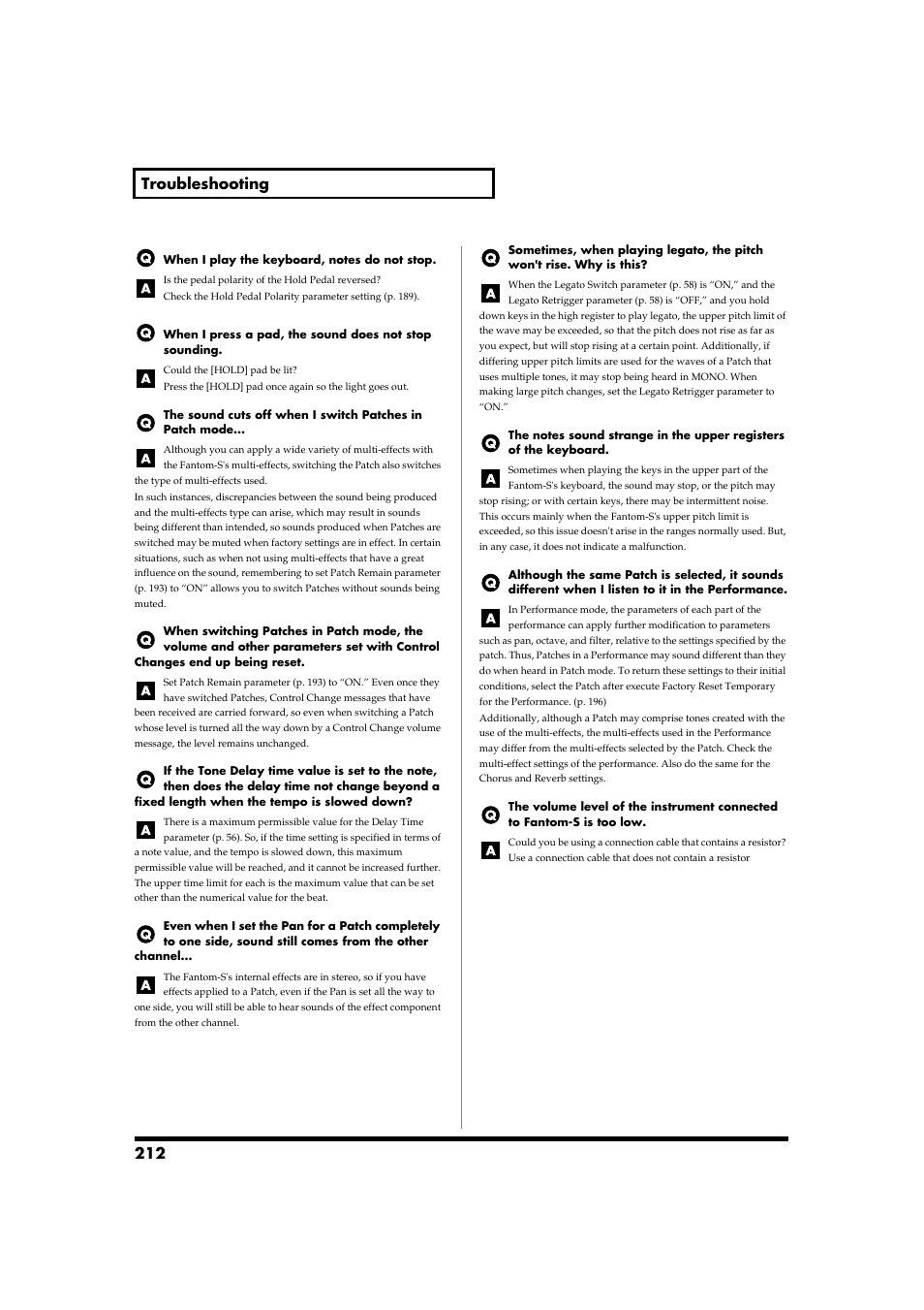 212 troubleshooting | Roland Fantom-S88 User Manual | Page 212 / 228