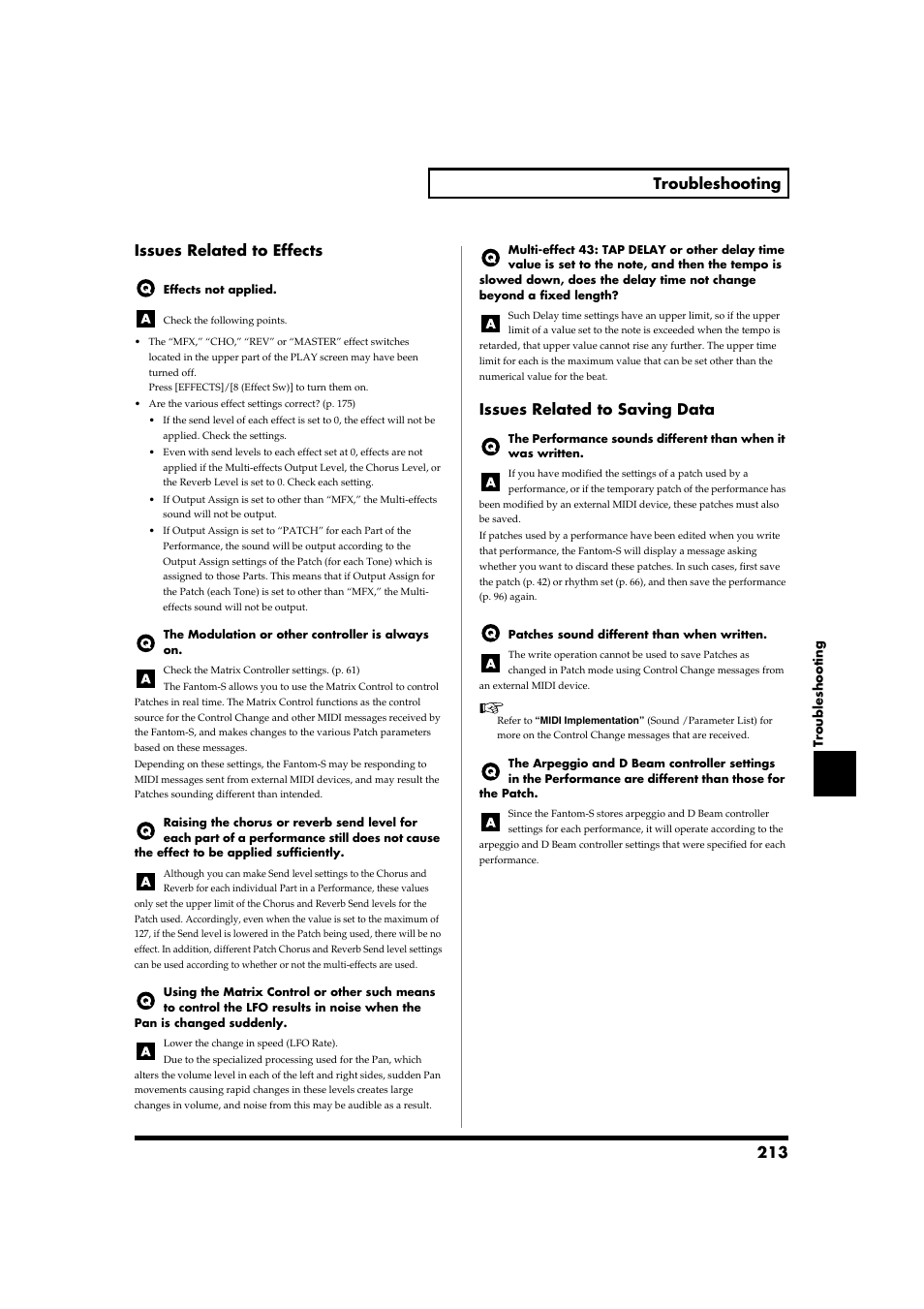 Issues related to effects, Issues related to saving data, 213 troubleshooting | Roland Fantom-S88 User Manual | Page 213 / 228