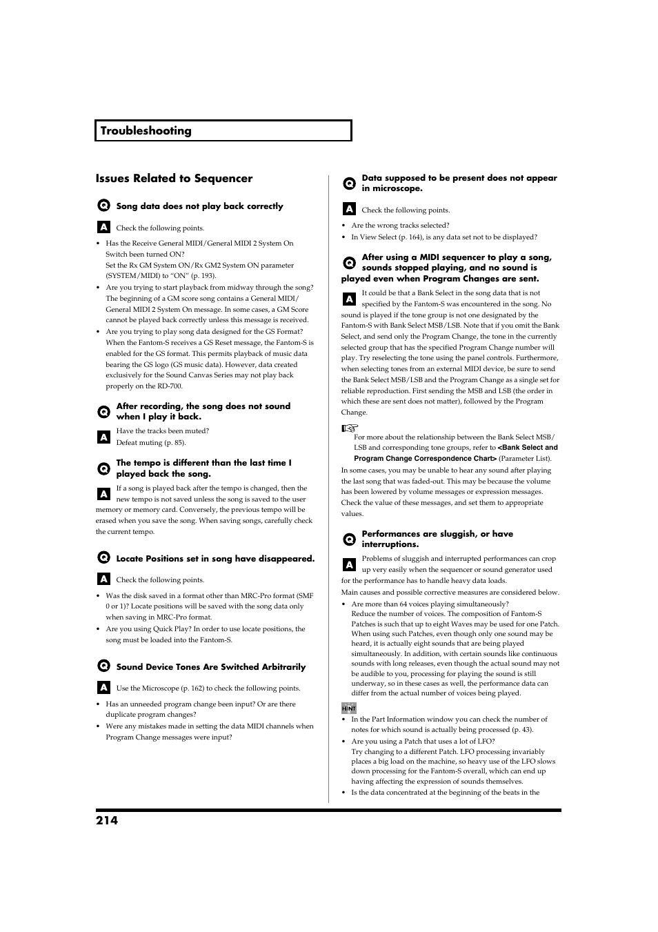 Issues related to sequencer, 214 troubleshooting issues related to sequencer | Roland Fantom-S88 User Manual | Page 214 / 228