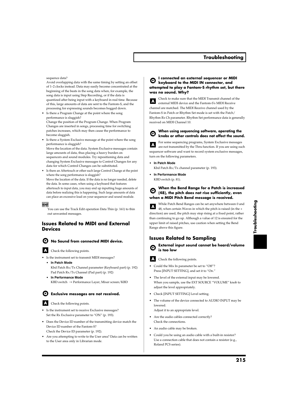 Issues related to midi and external devices, Issues related to sampling, 215 troubleshooting | Roland Fantom-S88 User Manual | Page 215 / 228