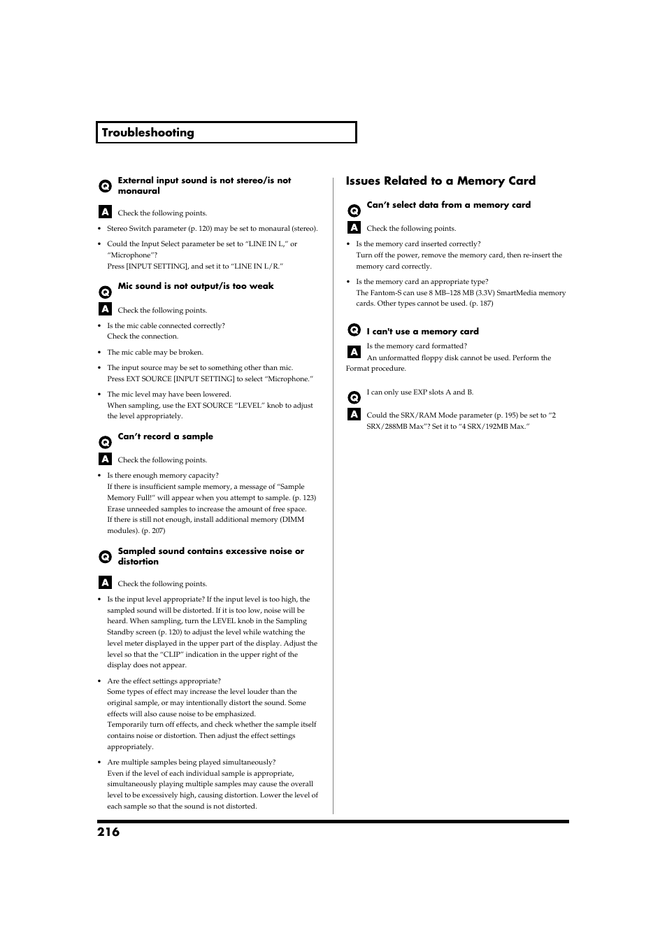 Issues related to a memory card, 216 troubleshooting | Roland Fantom-S88 User Manual | Page 216 / 228