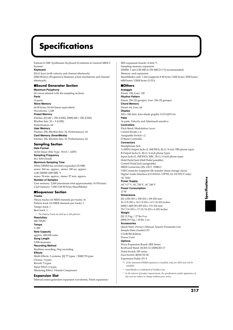 Specifications | Roland Fantom-S88 User Manual | Page 217 / 228