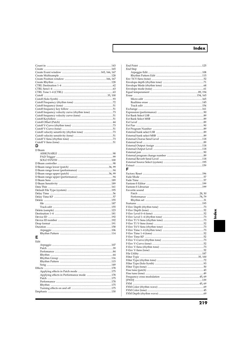 219 index | Roland Fantom-S88 User Manual | Page 219 / 228