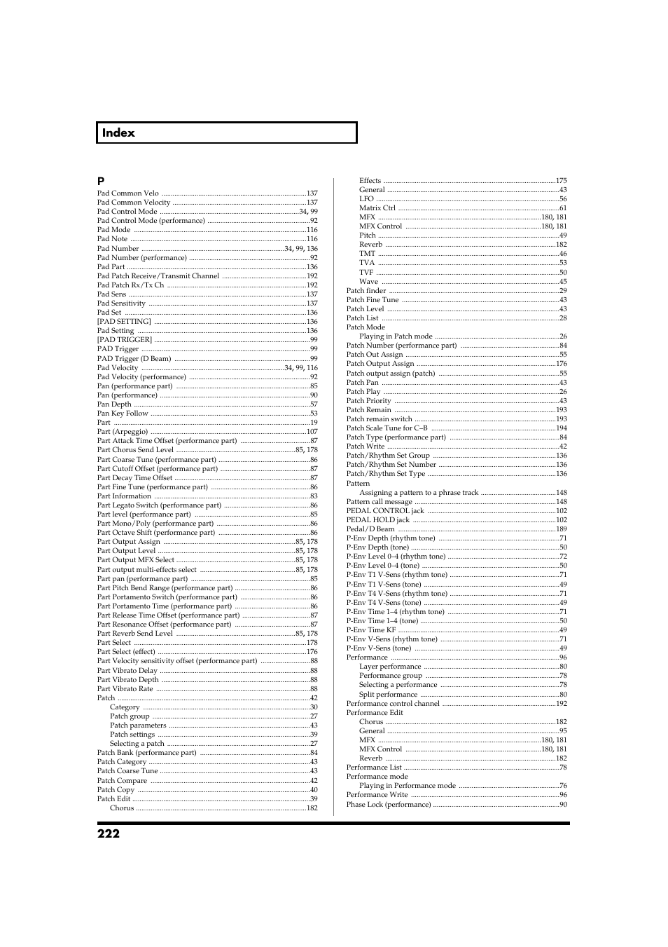 222 index p | Roland Fantom-S88 User Manual | Page 222 / 228