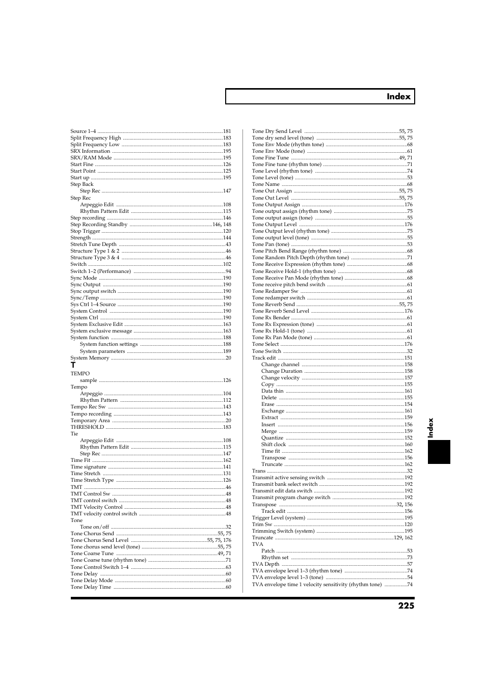 225 index | Roland Fantom-S88 User Manual | Page 225 / 228