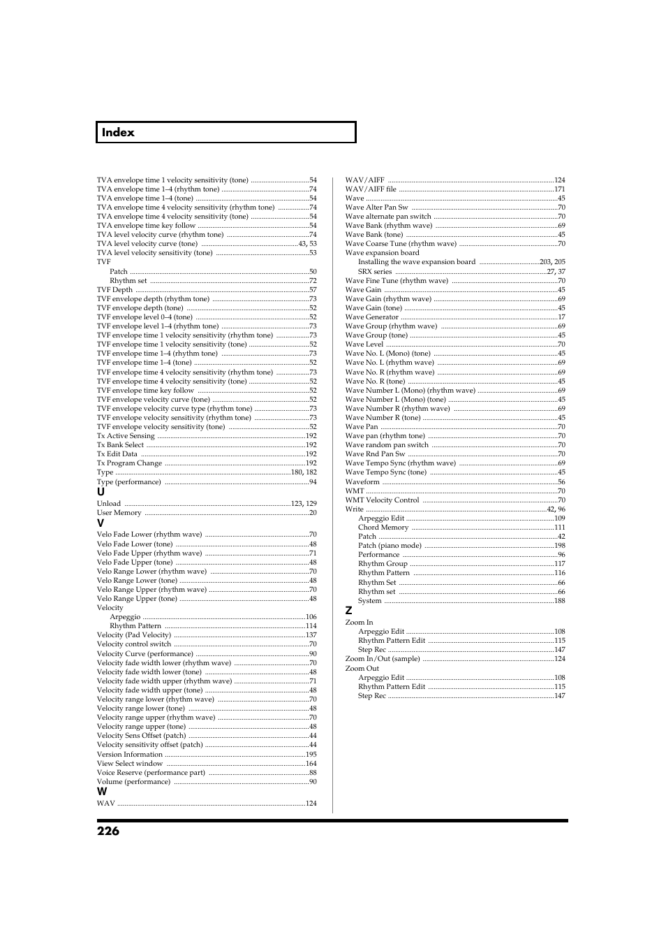 226 index | Roland Fantom-S88 User Manual | Page 226 / 228