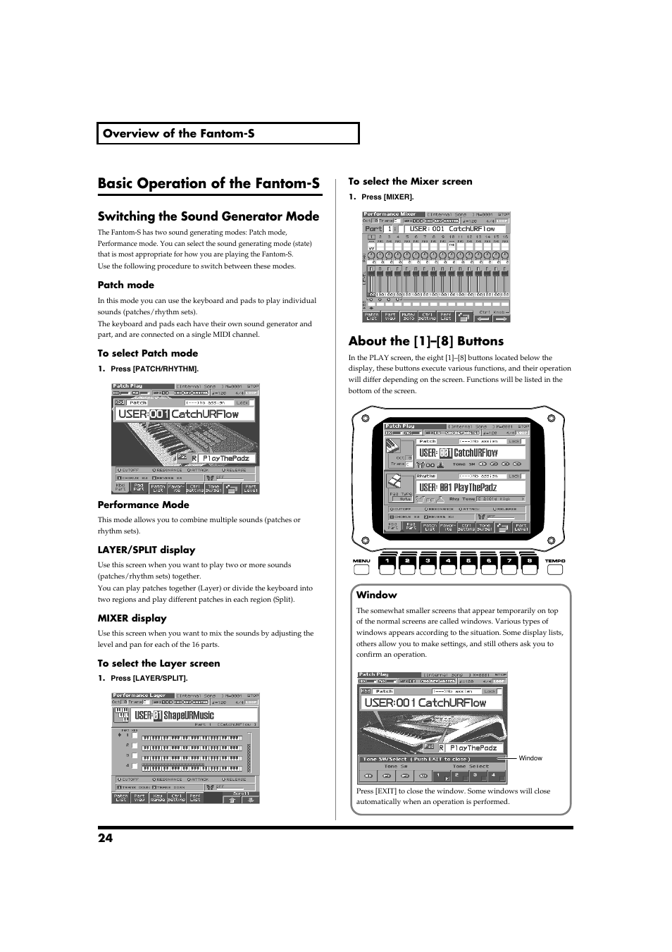 Basic operation of the fantom-s, Switching the sound generator mode, About the [1]–[8] buttons | 24 overview of the fantom-s | Roland Fantom-S88 User Manual | Page 24 / 228