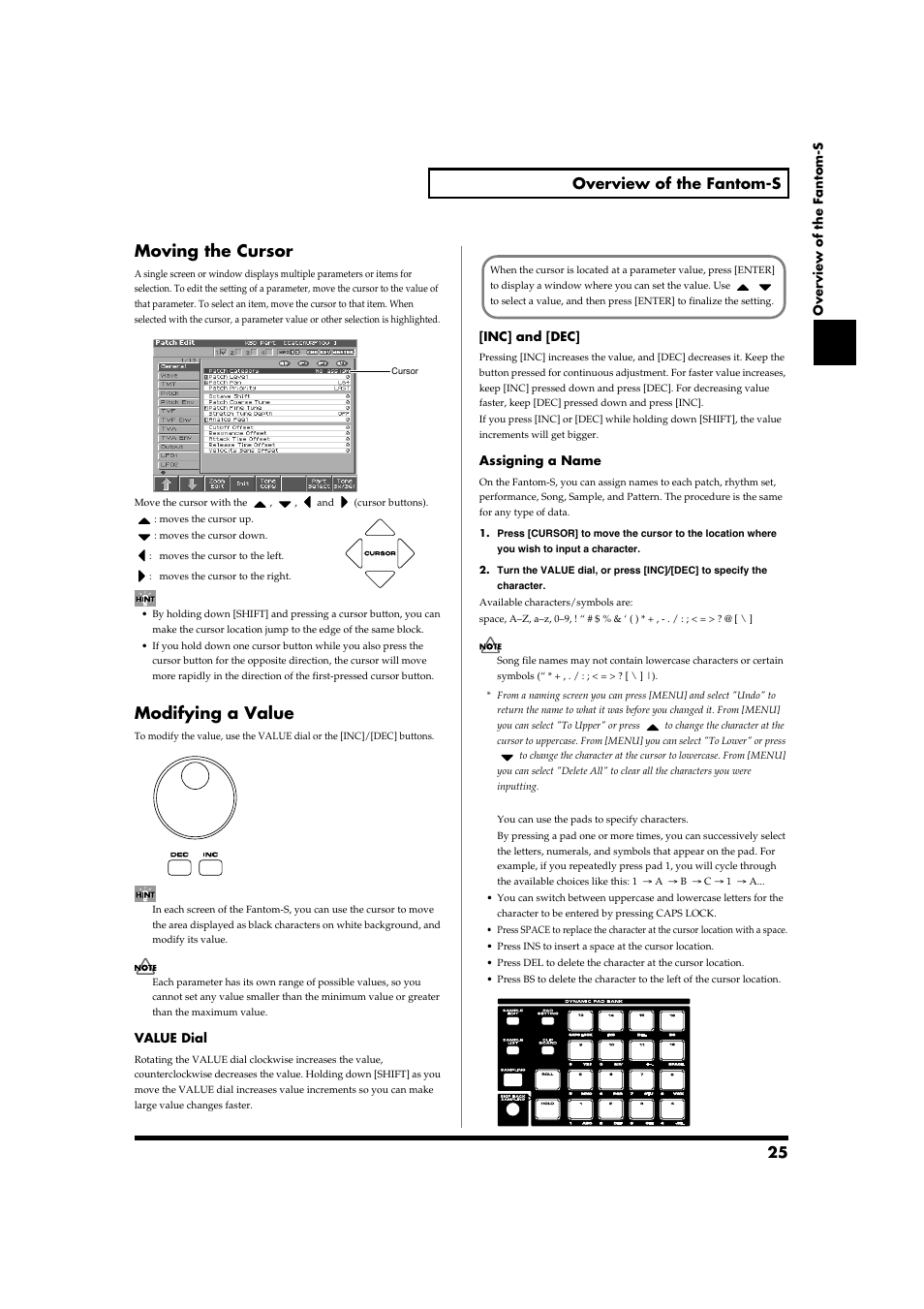 Moving the cursor, Modifying a value, 25 overview of the fantom-s | Roland Fantom-S88 User Manual | Page 25 / 228