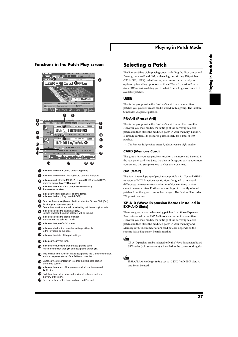 Selecting a patch, P. 27), 27 playing in patch mode | Functions in the patch play screen, Playing in patch mode, User, Pr-a–e (preset a–e), Gm (gm2) | Roland Fantom-S88 User Manual | Page 27 / 228