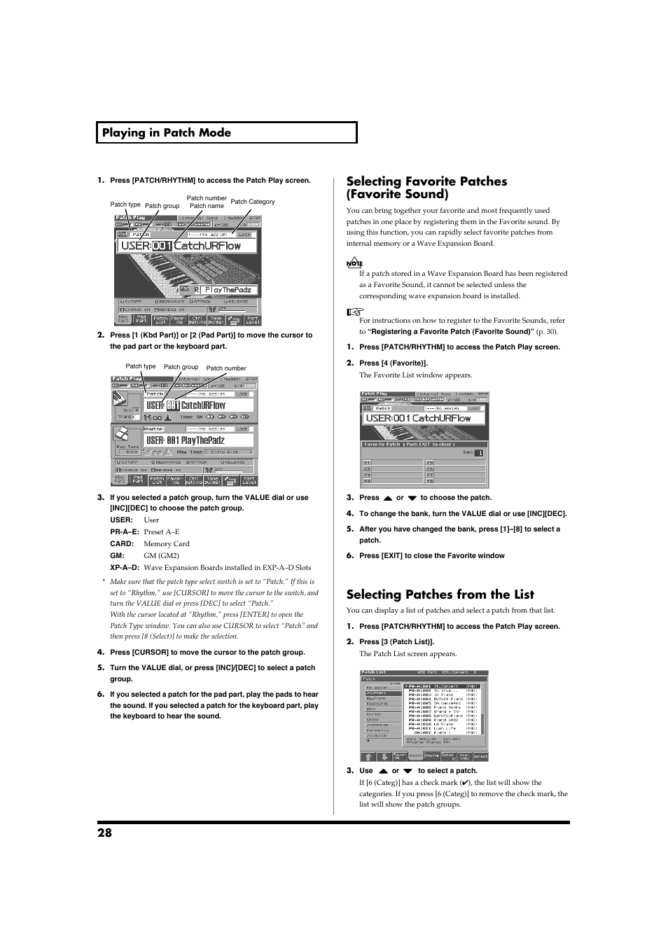 Selecting favorite patches (favorite sound), Selecting patches from the list, 28 playing in patch mode | Roland Fantom-S88 User Manual | Page 28 / 228