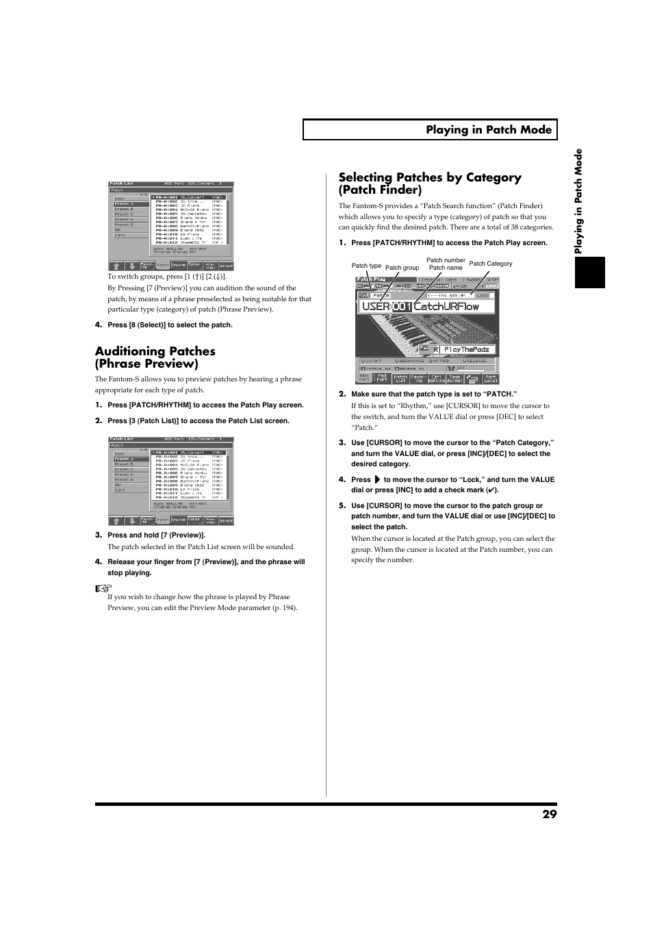 Auditioning patches (phrase preview), Selecting patches by category (patch finder), 29 playing in patch mode | Roland Fantom-S88 User Manual | Page 29 / 228