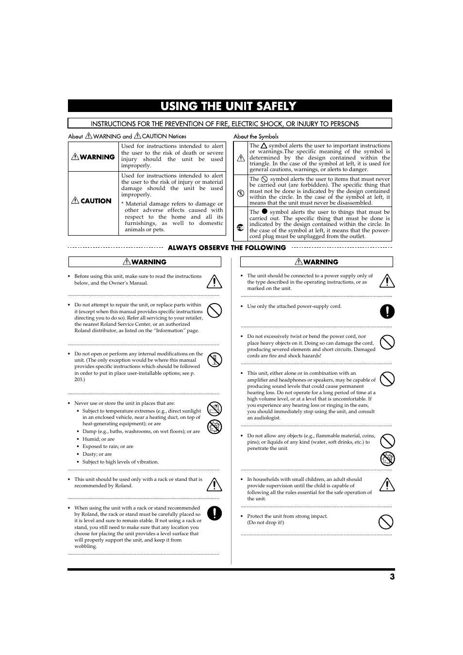 Using the unit safely | Roland Fantom-S88 User Manual | Page 3 / 228