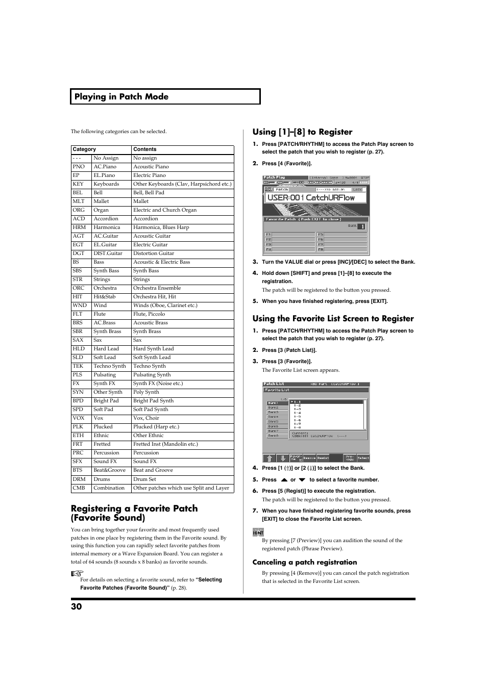 Registering a favorite patch (favorite sound), 30 playing in patch mode, Using [1]–[8] to register | Using the favorite list screen to register | Roland Fantom-S88 User Manual | Page 30 / 228