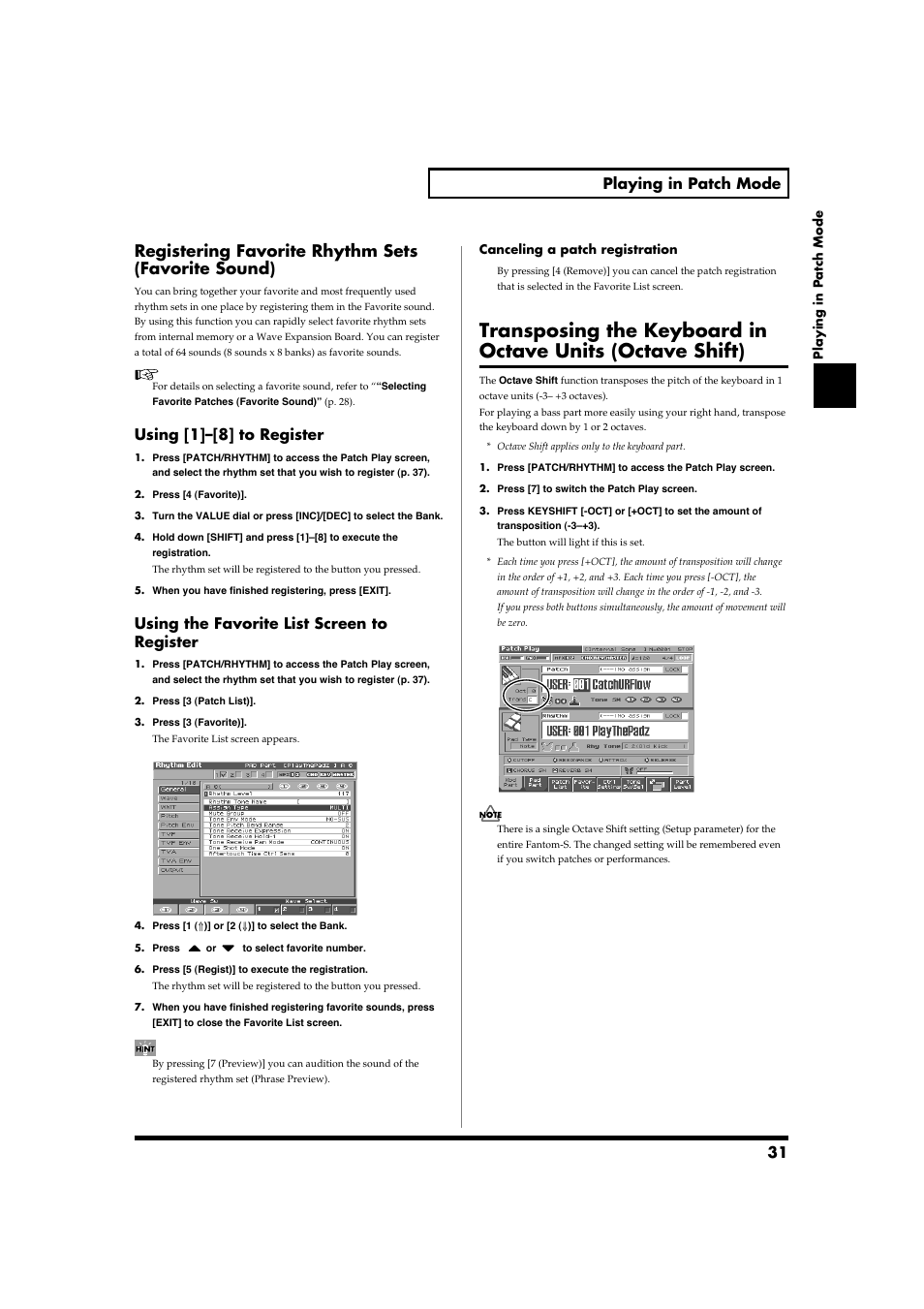 Registering favorite rhythm sets (favorite sound), 31 playing in patch mode, Using [1]–[8] to register | Using the favorite list screen to register | Roland Fantom-S88 User Manual | Page 31 / 228