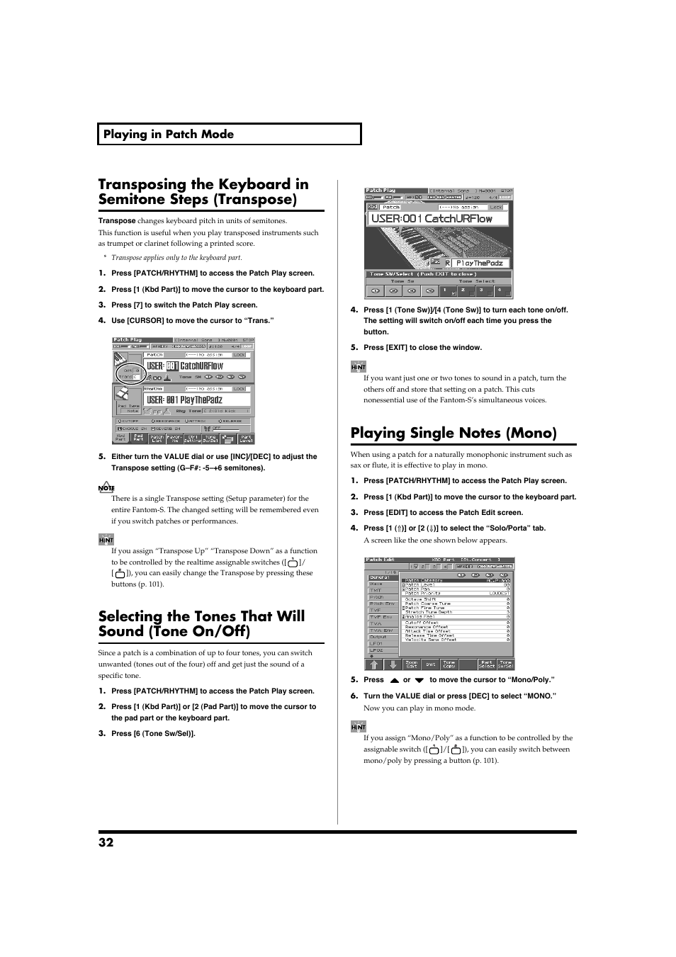 Selecting the tones that will sound (tone on/off), Playing single notes (mono), 32 playing in patch mode | Roland Fantom-S88 User Manual | Page 32 / 228