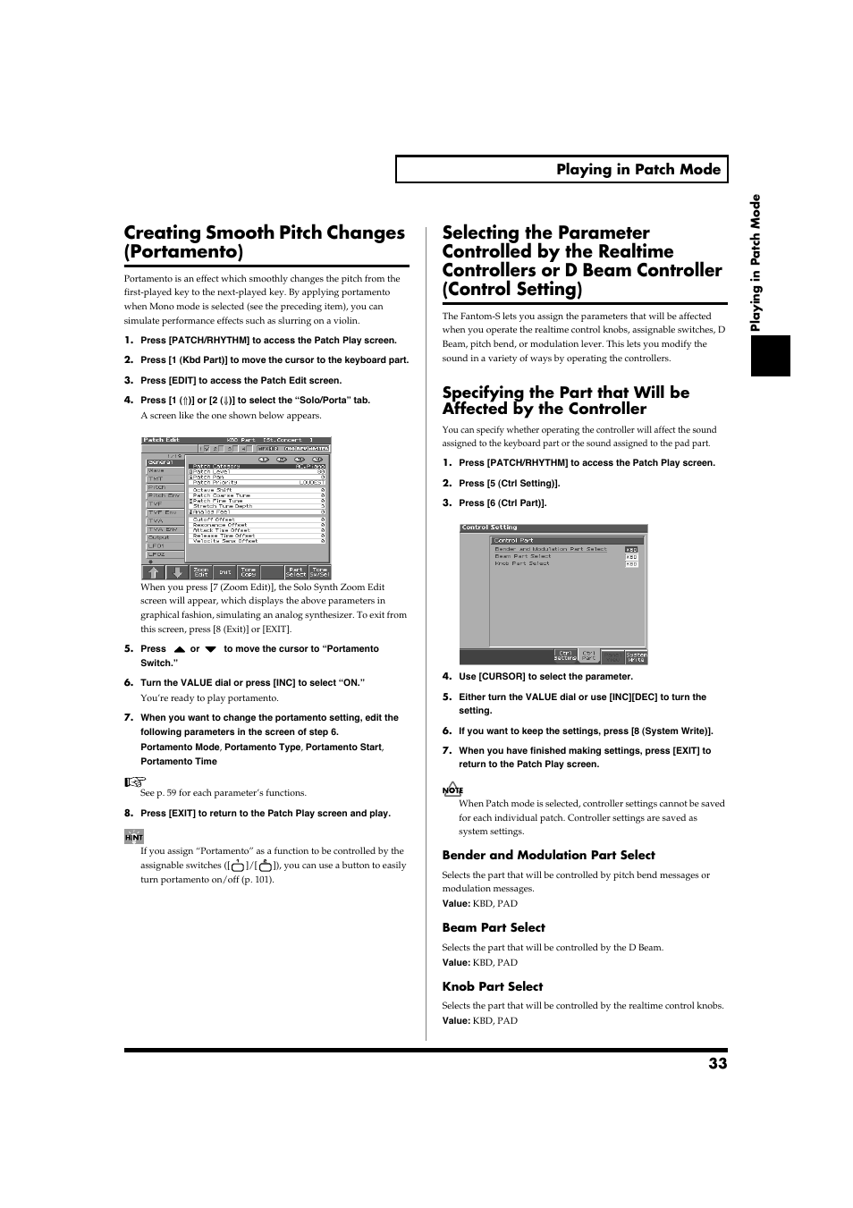 Creating smooth pitch changes (portamento), P. 33), 33 playing in patch mode | Roland Fantom-S88 User Manual | Page 33 / 228