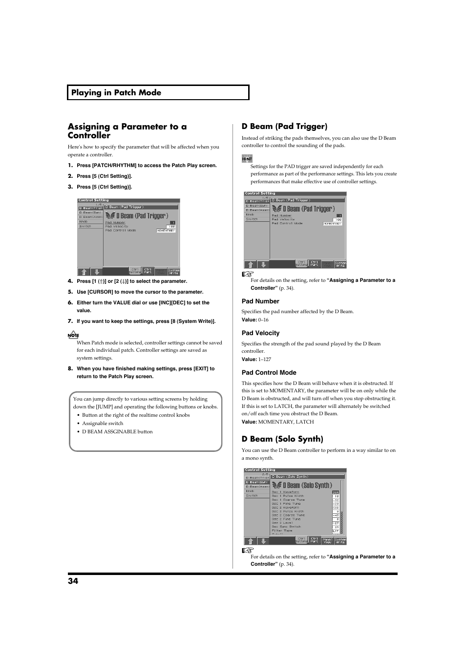 Assigning a parameter to a controller, 34 playing in patch mode, D beam (pad trigger) | D beam (solo synth) | Roland Fantom-S88 User Manual | Page 34 / 228