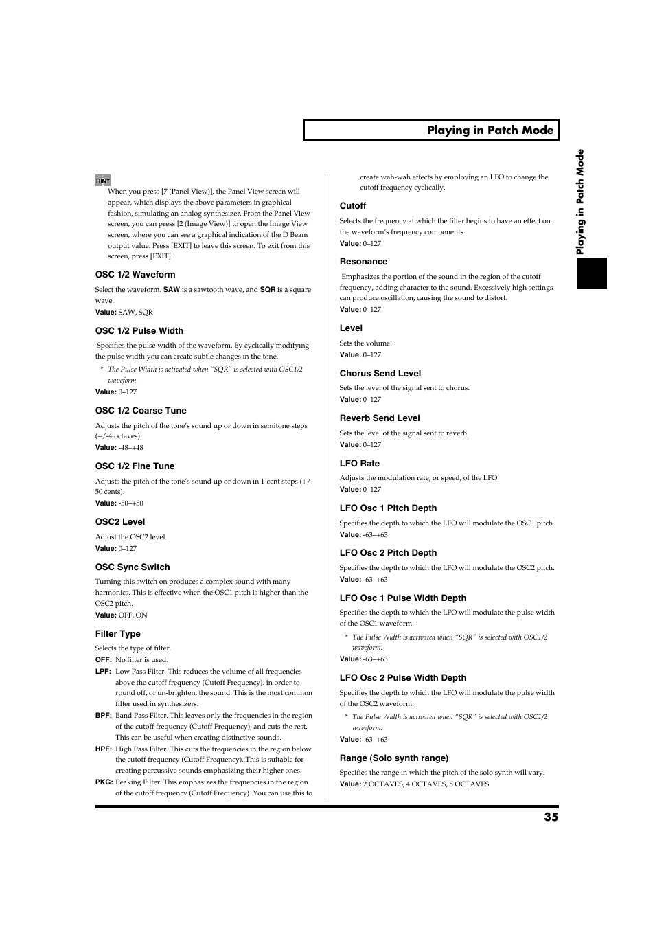 35 playing in patch mode | Roland Fantom-S88 User Manual | Page 35 / 228