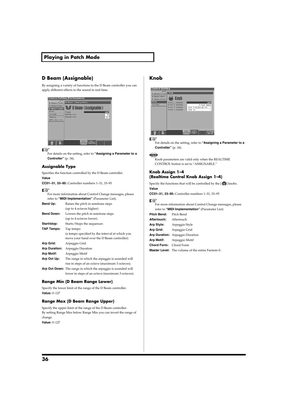 36 playing in patch mode d beam (assignable), Knob | Roland Fantom-S88 User Manual | Page 36 / 228