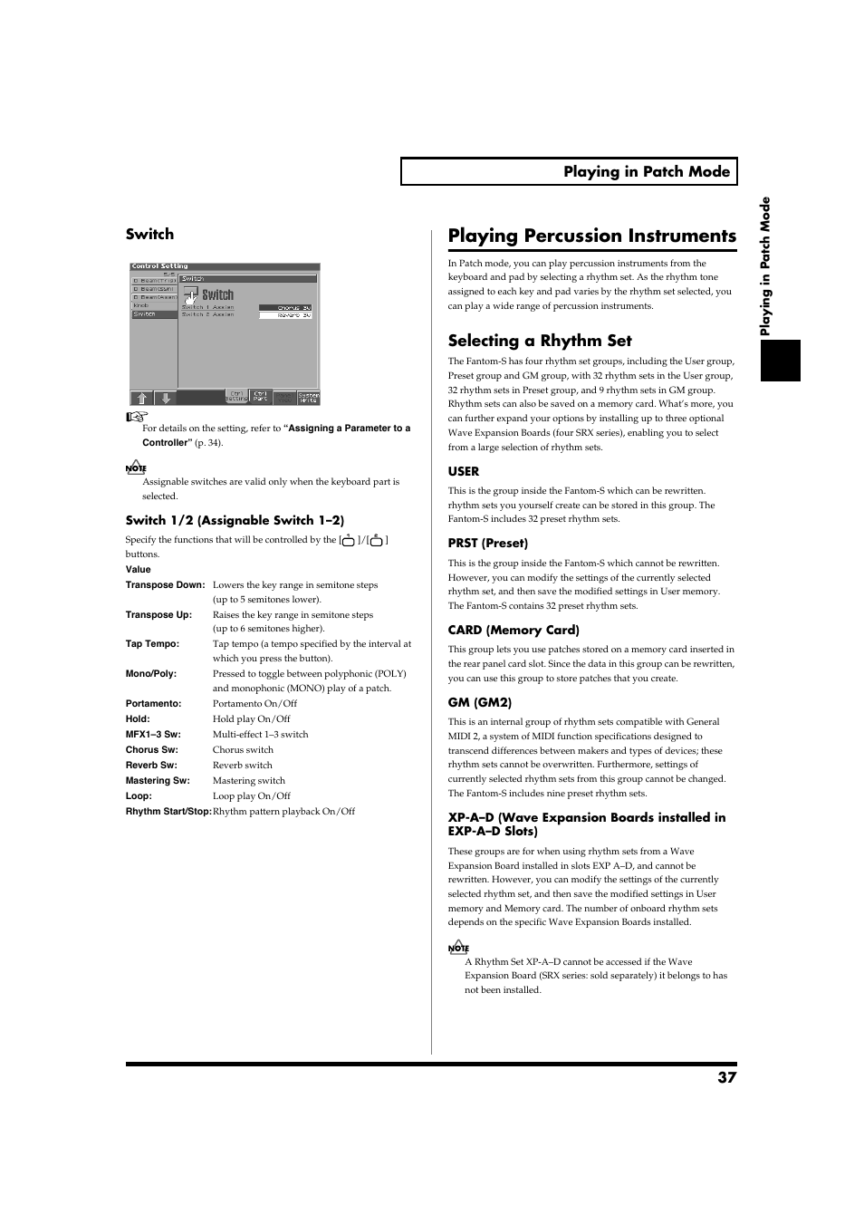 Playing percussion instruments, Selecting a rhythm set, 37 playing in patch mode | Switch | Roland Fantom-S88 User Manual | Page 37 / 228