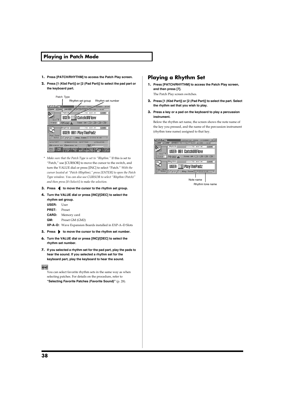 Playing a rhythm set, 38 playing in patch mode | Roland Fantom-S88 User Manual | Page 38 / 228