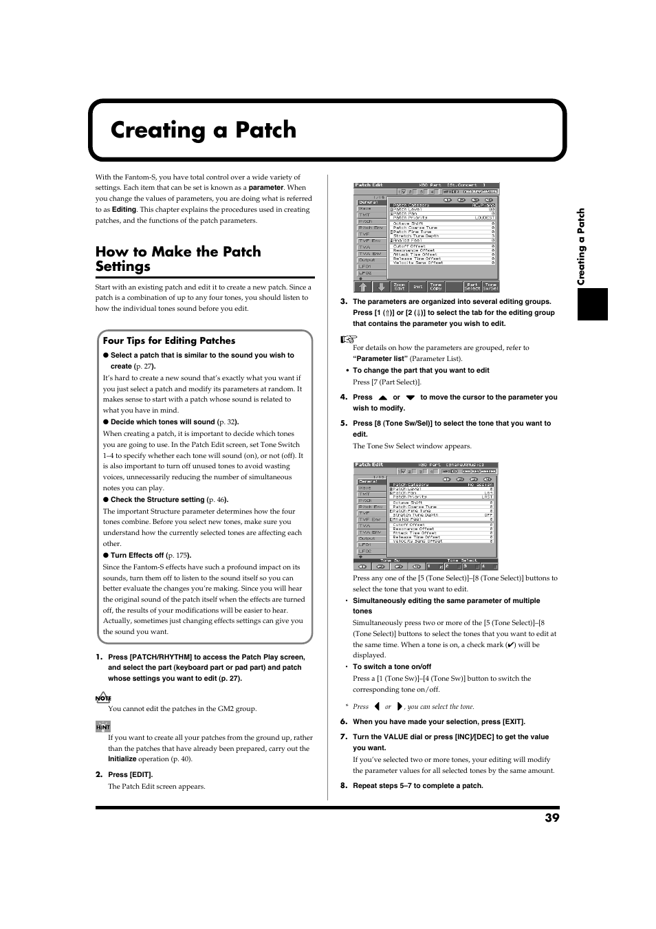 Creating a patch, How to make the patch settings | Roland Fantom-S88 User Manual | Page 39 / 228