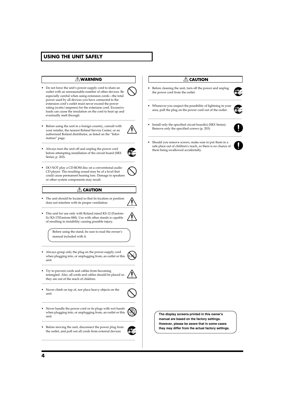 4 using the unit safely | Roland Fantom-S88 User Manual | Page 4 / 228