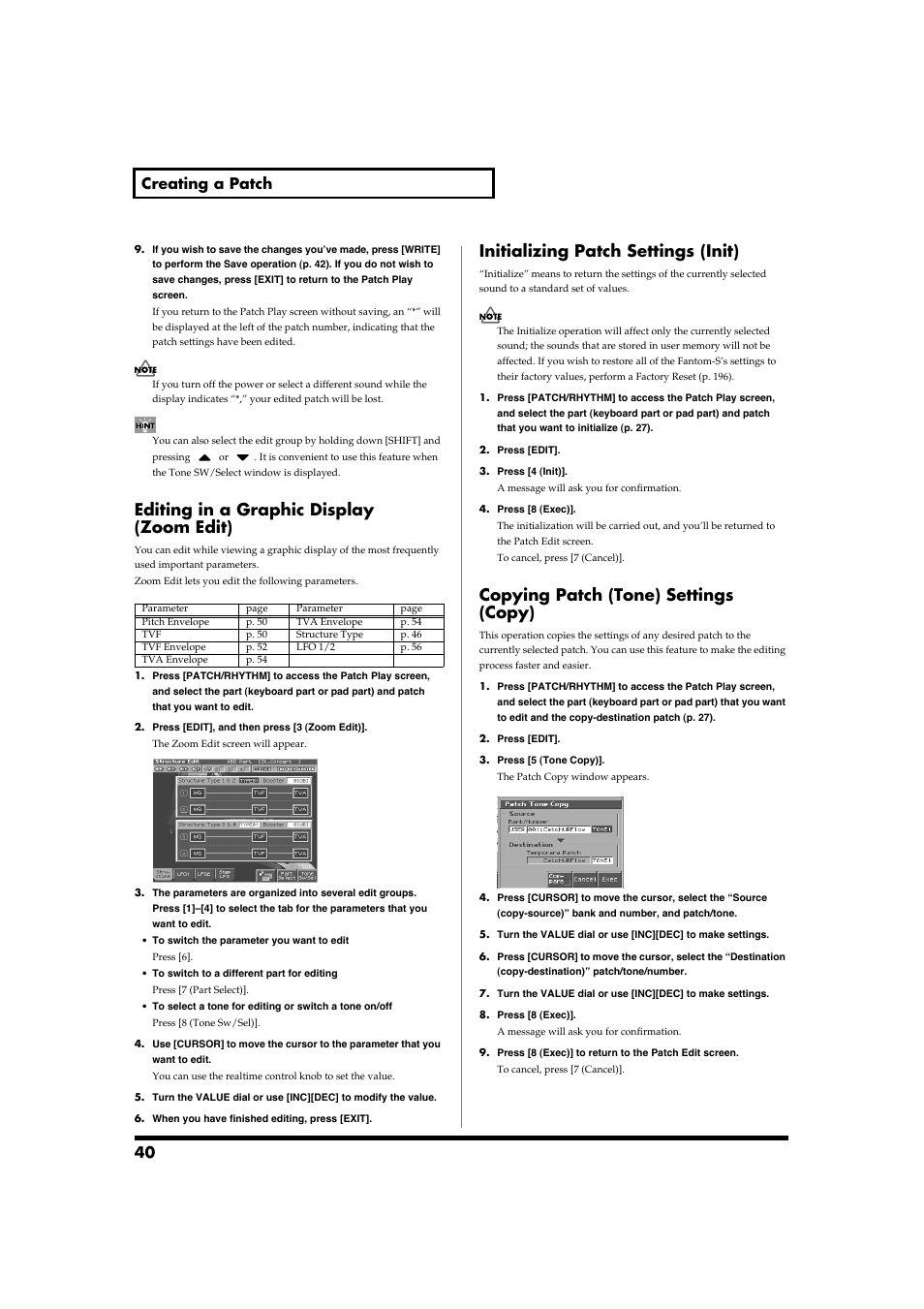 Editing in a graphic display (zoom edit), Initializing patch settings (init), Copying patch (tone) settings (copy) | Operation (p. 40), 40 creating a patch | Roland Fantom-S88 User Manual | Page 40 / 228