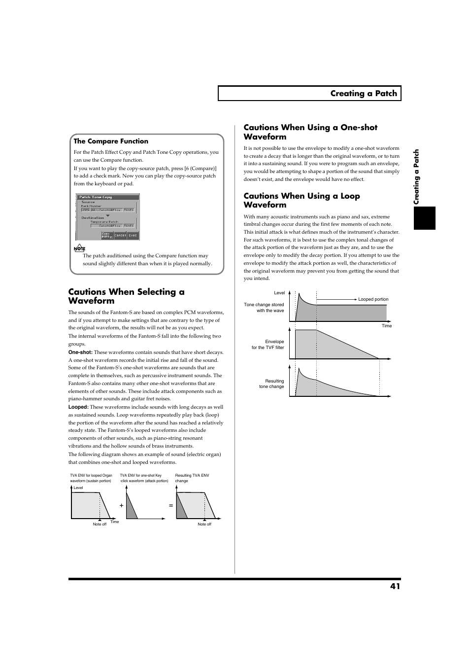 Cautions when selecting a waveform, 41 creating a patch, Cautions when using a one-shot waveform | Cautions when using a loop waveform | Roland Fantom-S88 User Manual | Page 41 / 228