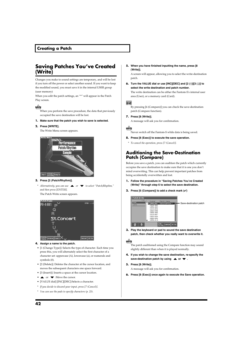 Saving patches you’ve created (write), Auditioning the save-destination patch (compare), P. 42, p. 66, p. 96, p. 134, p. 168) | 42 creating a patch | Roland Fantom-S88 User Manual | Page 42 / 228