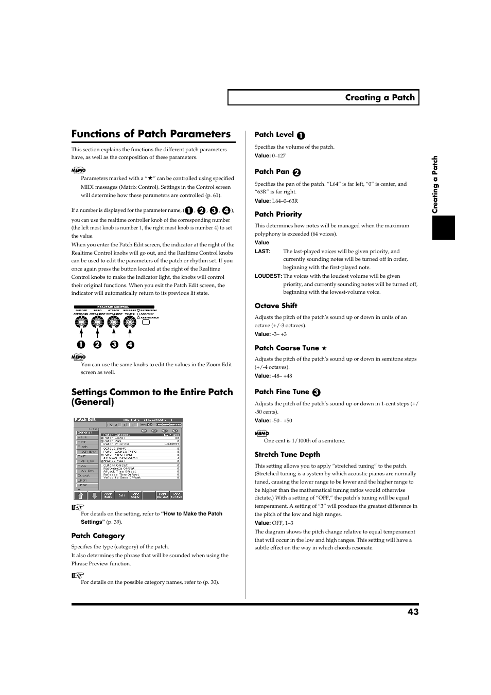 Functions of patch parameters, Settings common to the entire patch (general), Voice priority setting (p. 43) | 43 creating a patch | Roland Fantom-S88 User Manual | Page 43 / 228