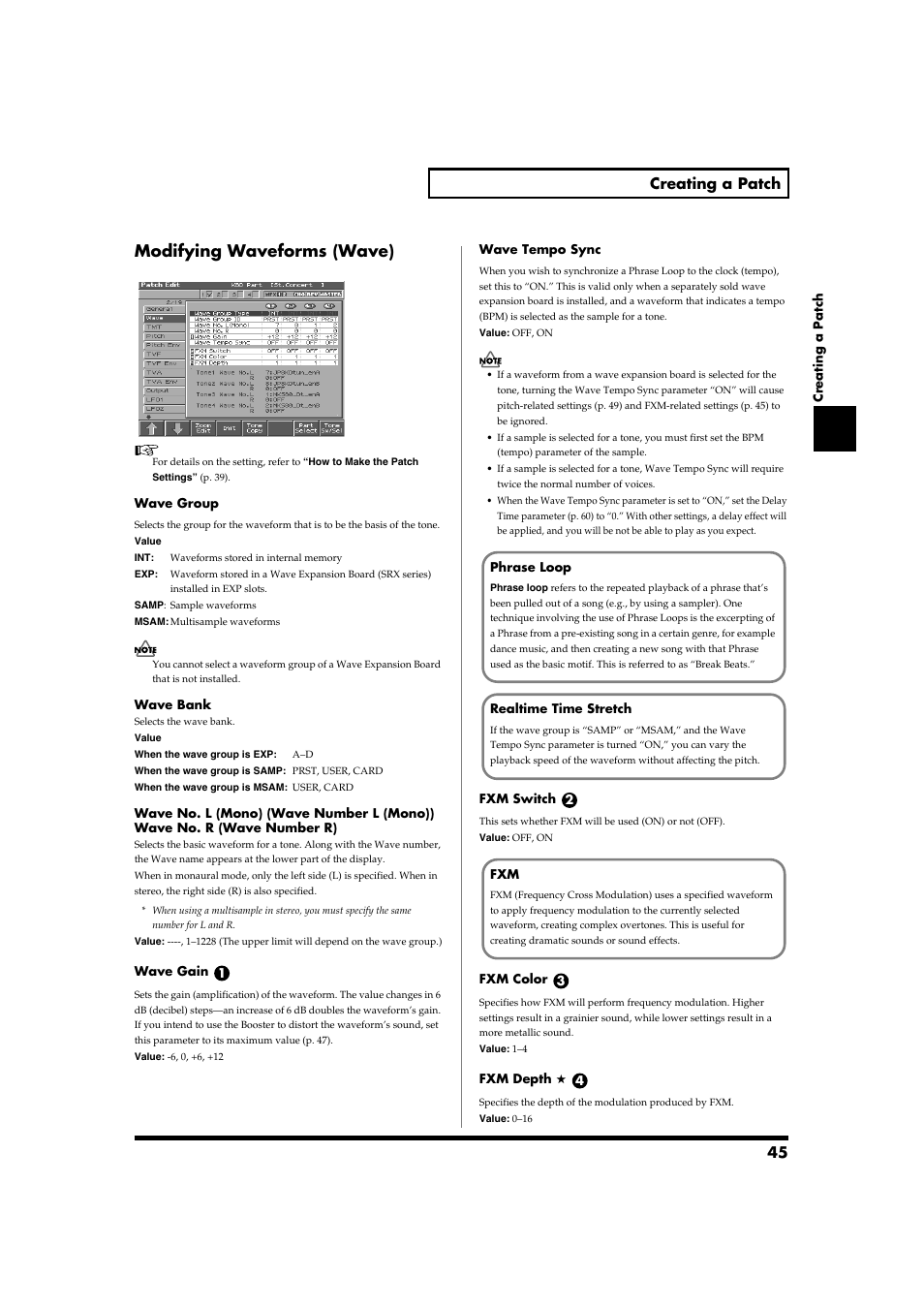 Modifying waveforms (wave), 45 creating a patch | Roland Fantom-S88 User Manual | Page 45 / 228