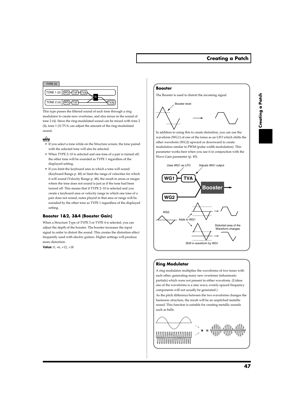 This parameter to its maximum value (p. 47), Booster, 47 creating a patch | Tva wg1 wg2 | Roland Fantom-S88 User Manual | Page 47 / 228