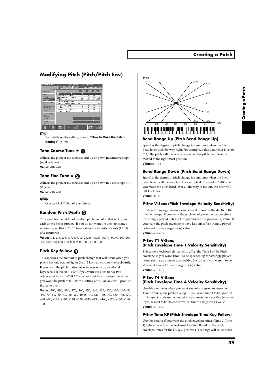 Modifying pitch (pitch/pitch env), 49 creating a patch | Roland Fantom-S88 User Manual | Page 49 / 228