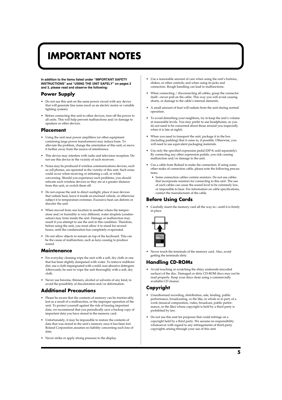 Important notes, Power supply, Placement | Maintenance, Additional precautions, Before using cards, Handling cd-roms, Copyright | Roland Fantom-S88 User Manual | Page 5 / 228