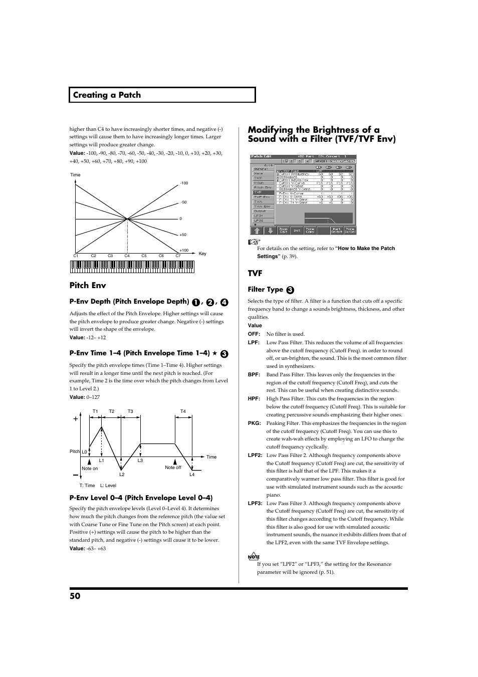 P. 50, 50 creating a patch, Pitch env | Roland Fantom-S88 User Manual | Page 50 / 228