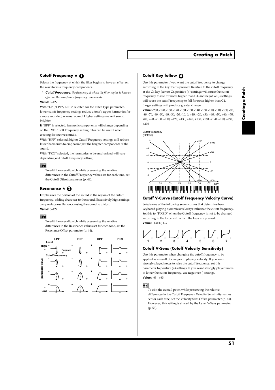 For each tone in the resonance parameter (p. 51), Cutoff v-sens parameter (p. 51), 51 creating a patch | Roland Fantom-S88 User Manual | Page 51 / 228