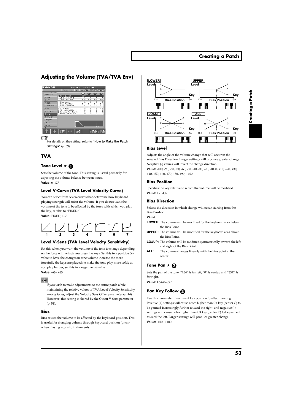 Adjusting the volume (tva/tva env), Level v-sens parameter (p. 53), P. 53) | 53 creating a patch | Roland Fantom-S88 User Manual | Page 53 / 228