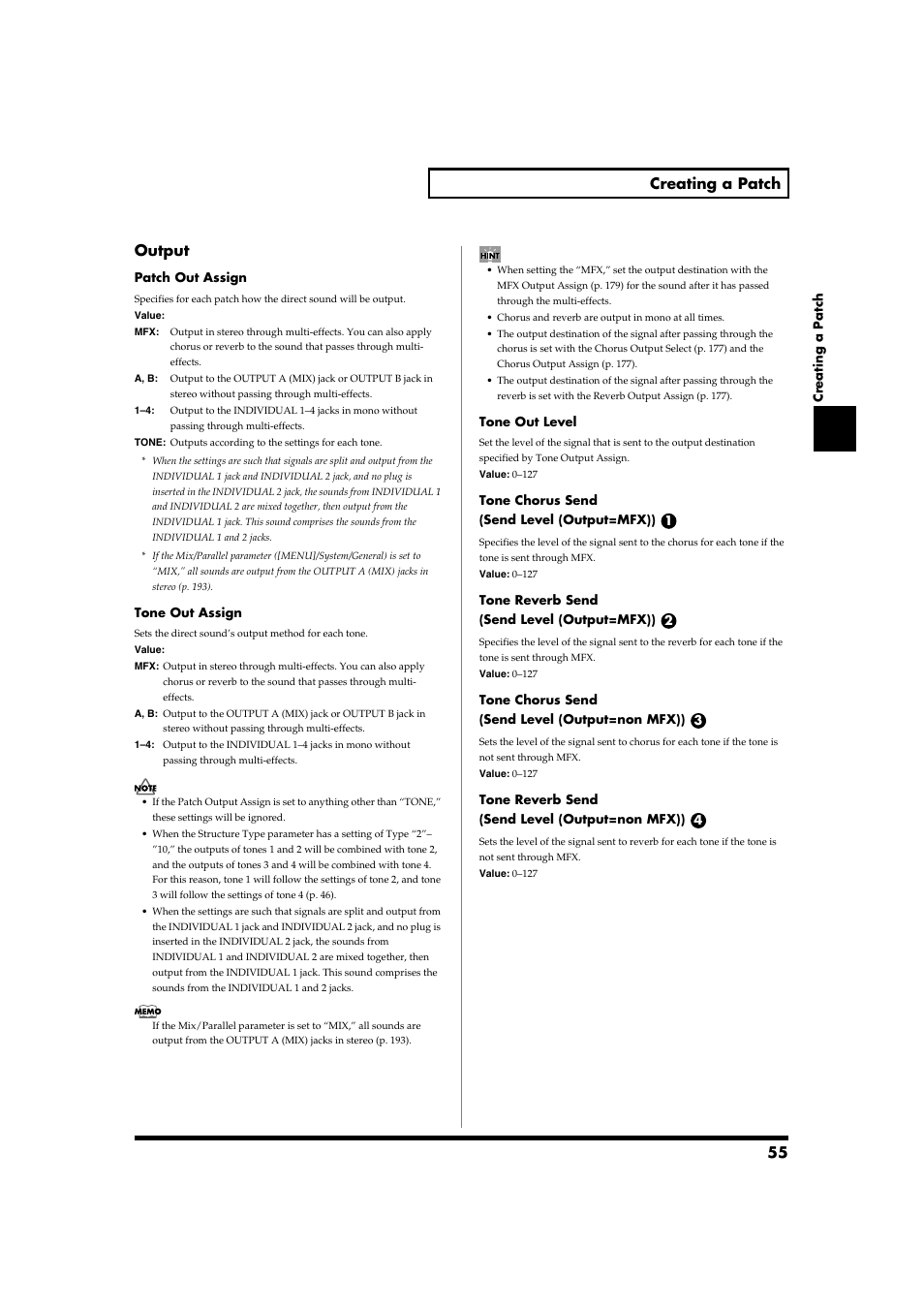 55 creating a patch, Output | Roland Fantom-S88 User Manual | Page 55 / 228