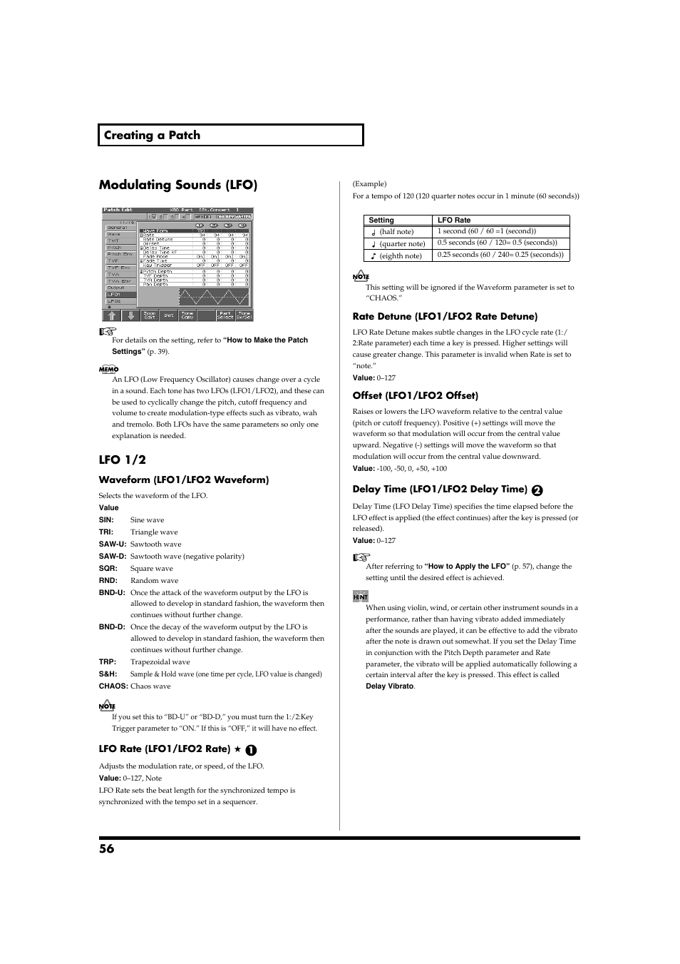 Modulating sounds (lfo), P. 56, 56 creating a patch | Lfo 1/2 | Roland Fantom-S88 User Manual | Page 56 / 228