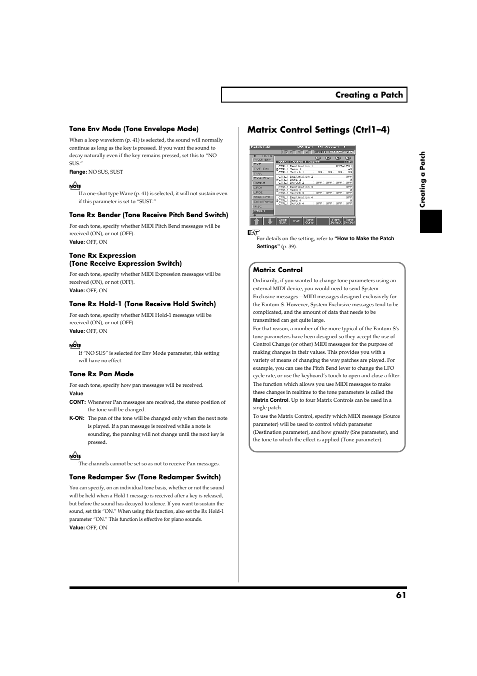 Matrix control settings (ctrl1–4), 61 creating a patch | Roland Fantom-S88 User Manual | Page 61 / 228