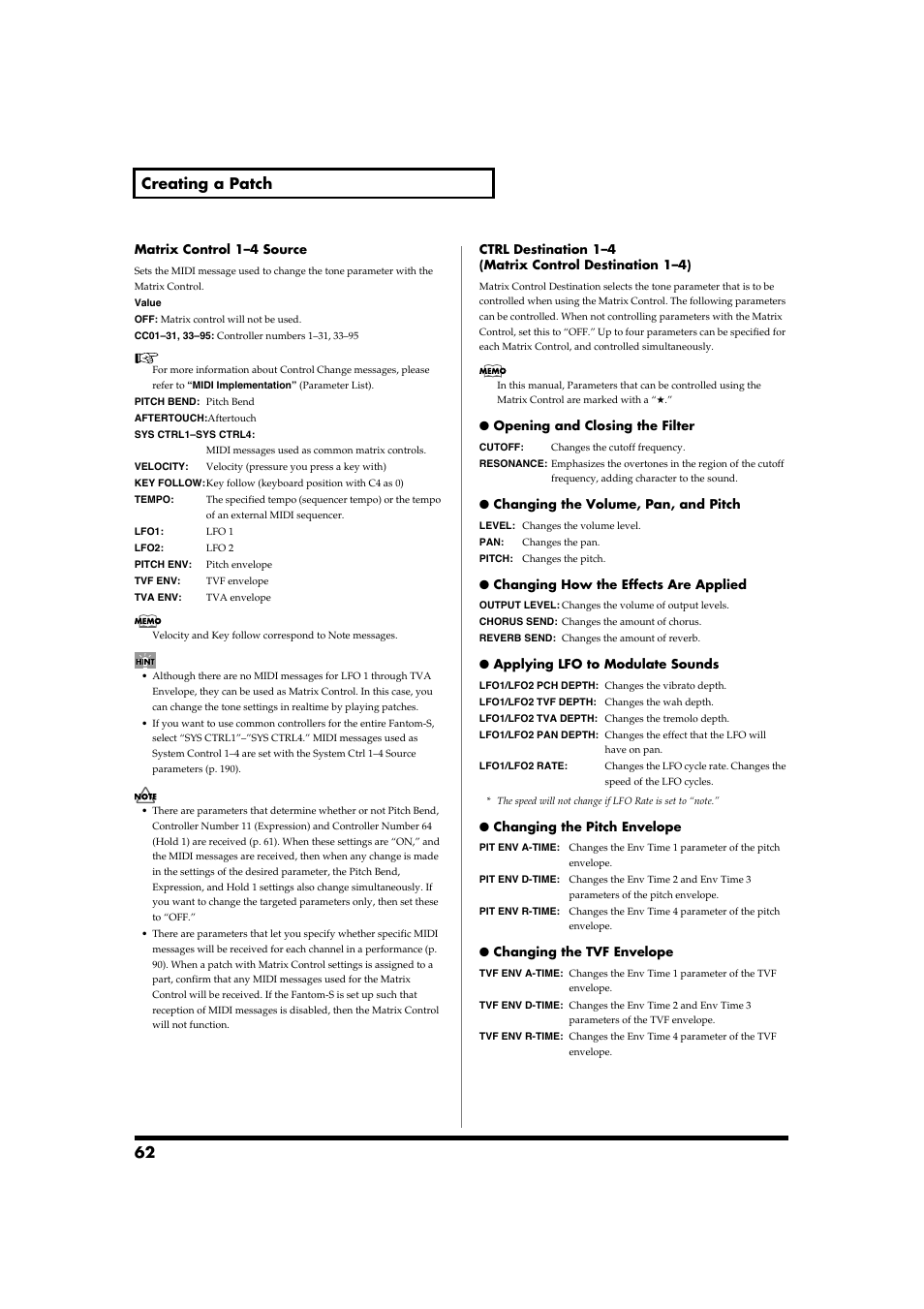 62 creating a patch | Roland Fantom-S88 User Manual | Page 62 / 228