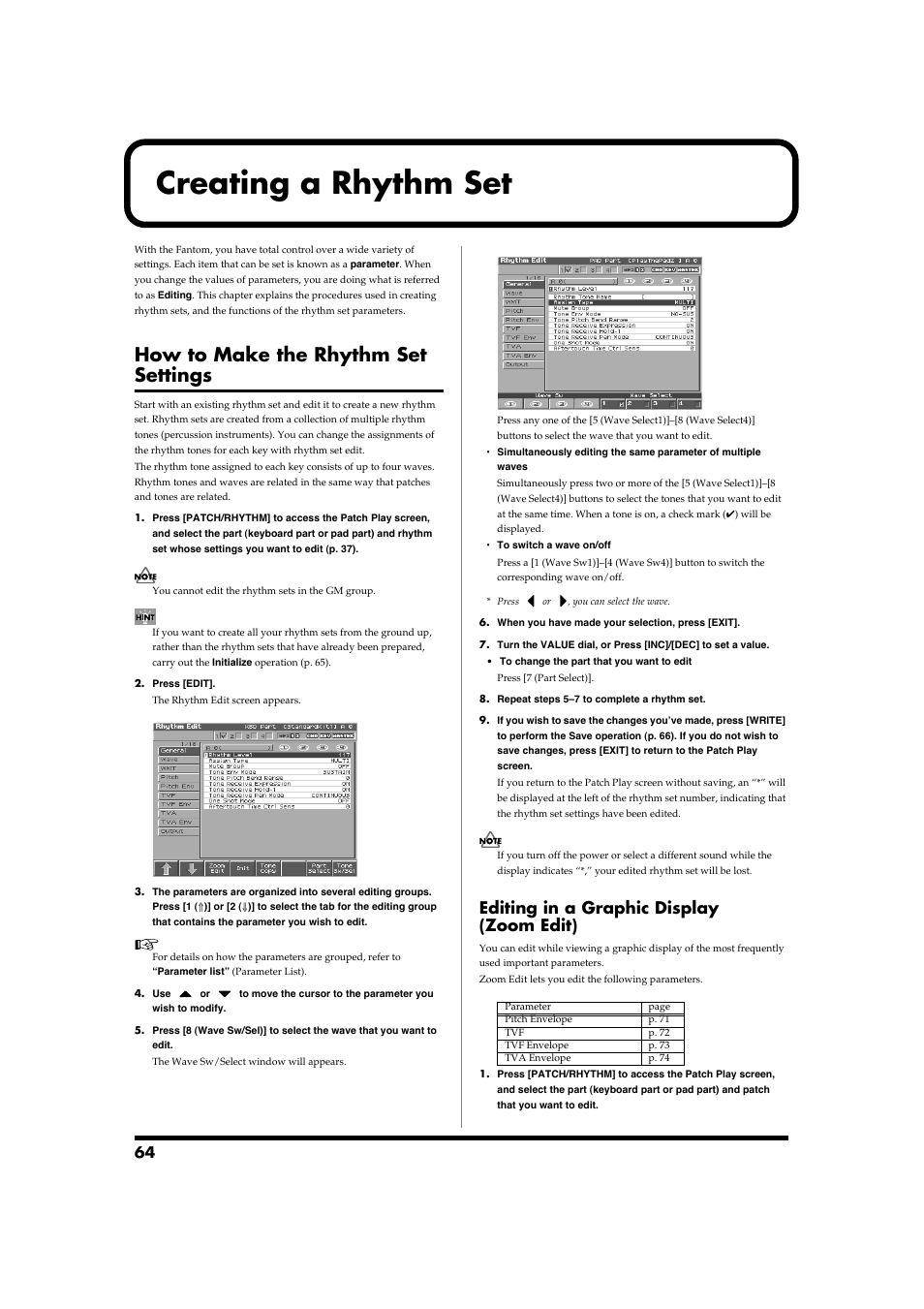 Creating a rhythm set, How to make the rhythm set settings, Editing in a graphic display (zoom edit) | Roland Fantom-S88 User Manual | Page 64 / 228