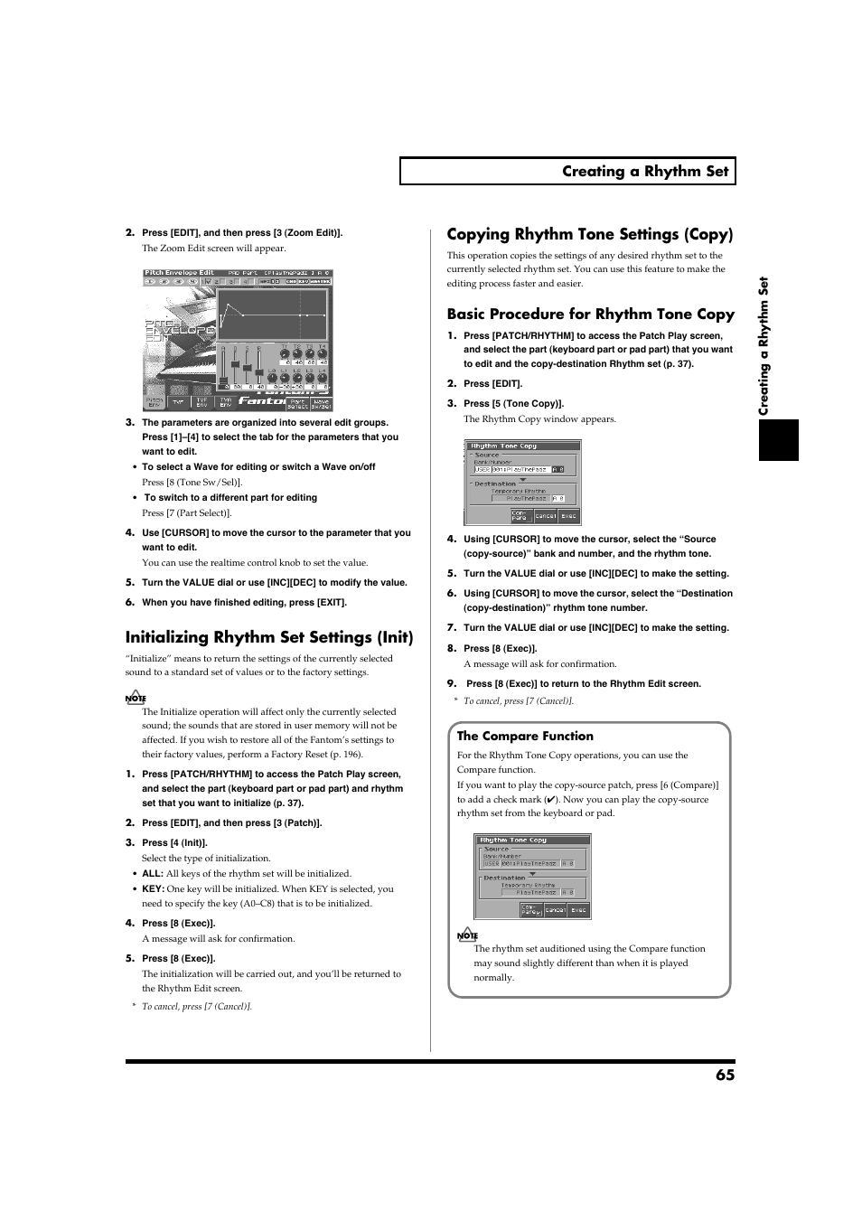 Initializing rhythm set settings (init), Copying rhythm tone settings (copy), Operation (p. 65) | 65 creating a rhythm set, Basic procedure for rhythm tone copy | Roland Fantom-S88 User Manual | Page 65 / 228