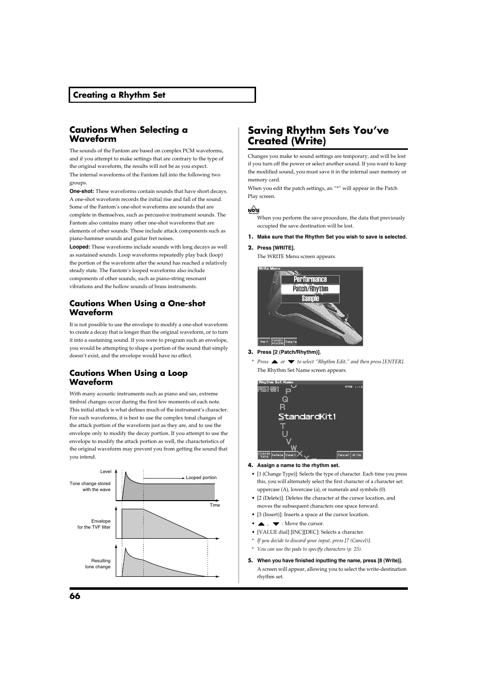 Cautions when selecting a waveform, Saving rhythm sets you’ve created (write), 66 creating a rhythm set | Cautions when using a one-shot waveform, Cautions when using a loop waveform | Roland Fantom-S88 User Manual | Page 66 / 228