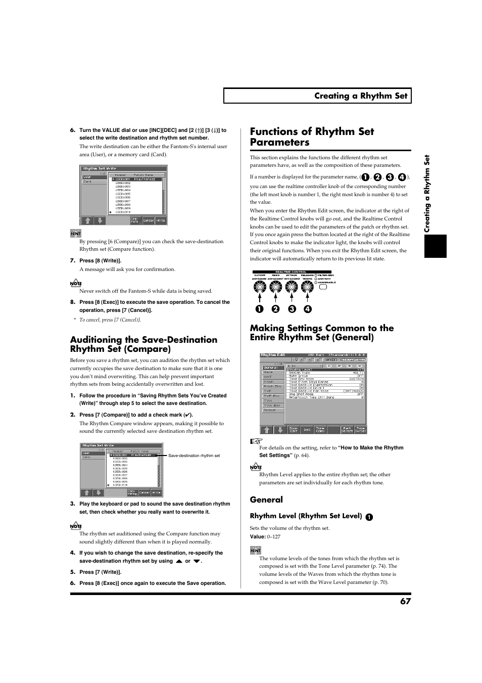 Functions of rhythm set parameters, 67 creating a rhythm set, General | Roland Fantom-S88 User Manual | Page 67 / 228