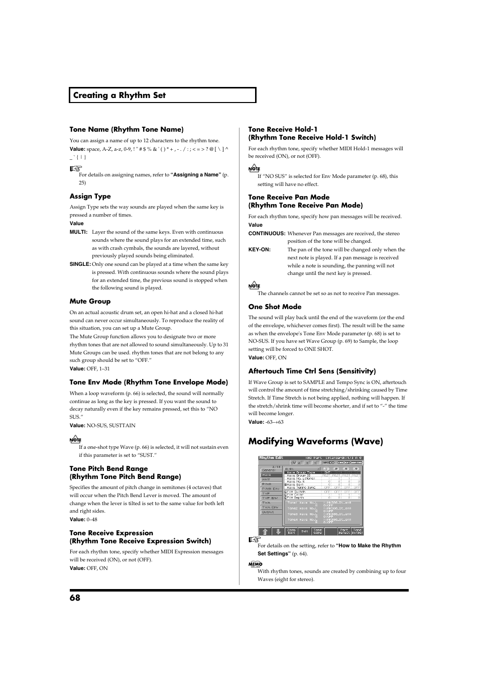 Modifying waveforms (wave), 68 creating a rhythm set | Roland Fantom-S88 User Manual | Page 68 / 228