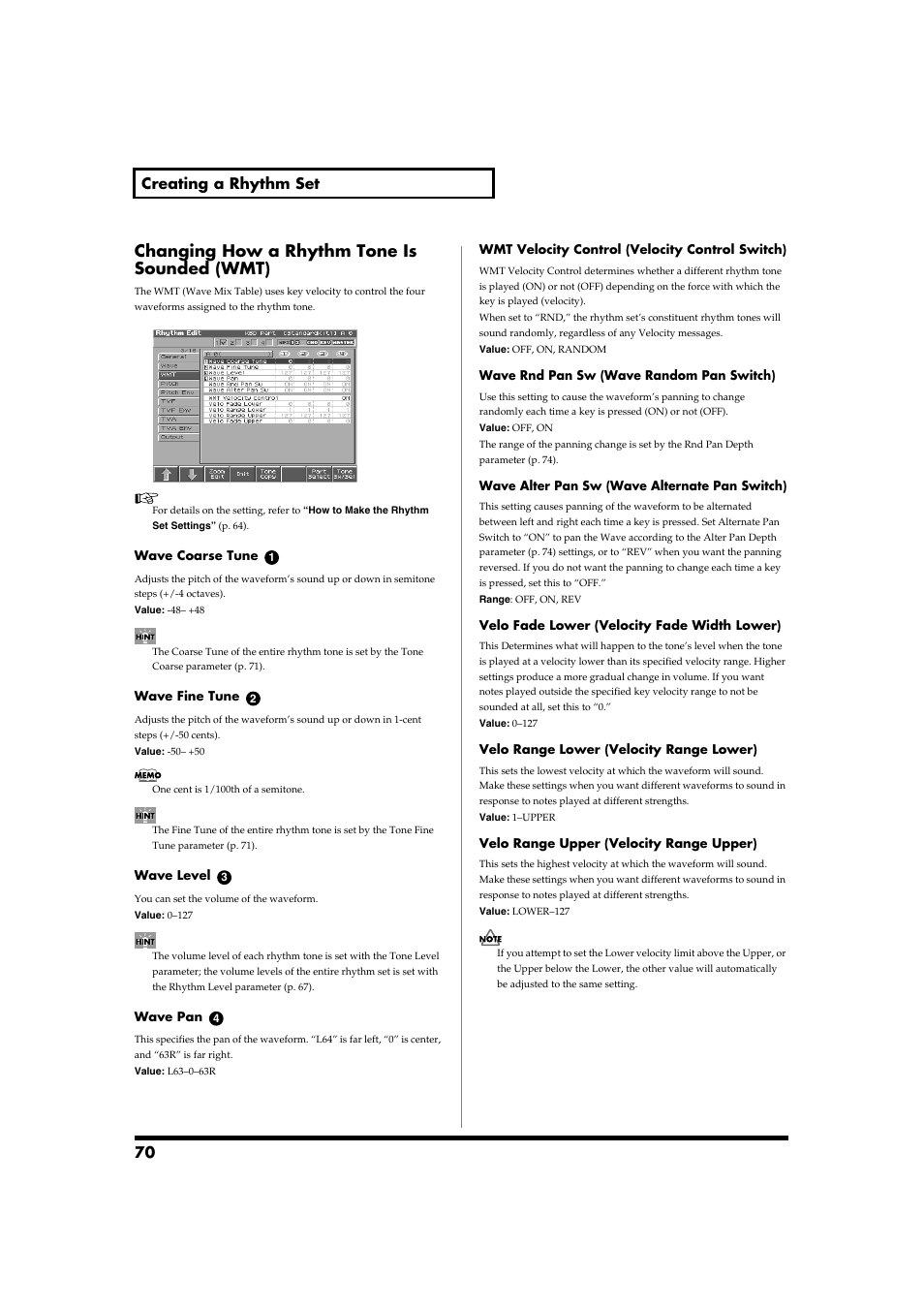 Changing how a rhythm tone is sounded (wmt), 70 creating a rhythm set | Roland Fantom-S88 User Manual | Page 70 / 228