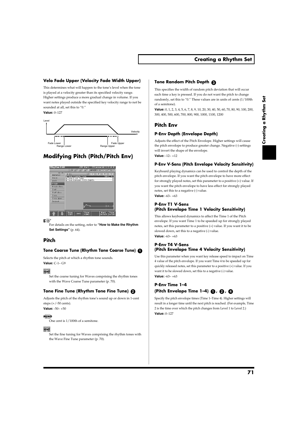 Modifying pitch (pitch/pitch env), P. 71, Coarse parameter (p. 71) | Tune parameter (p. 71), 71 creating a rhythm set, Pitch, Pitch env | Roland Fantom-S88 User Manual | Page 71 / 228